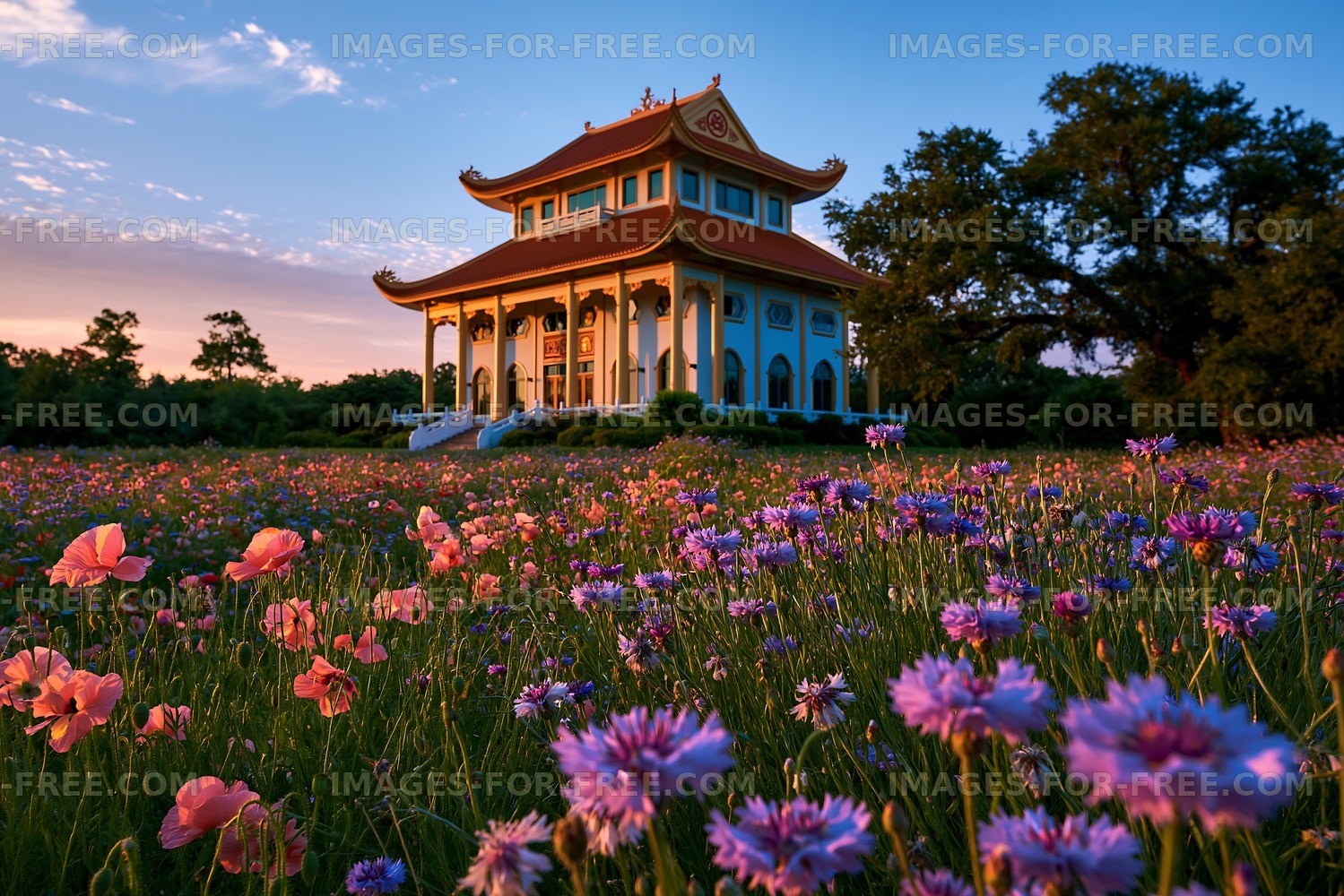 Colorful flowers in front of a traditional building during sunset