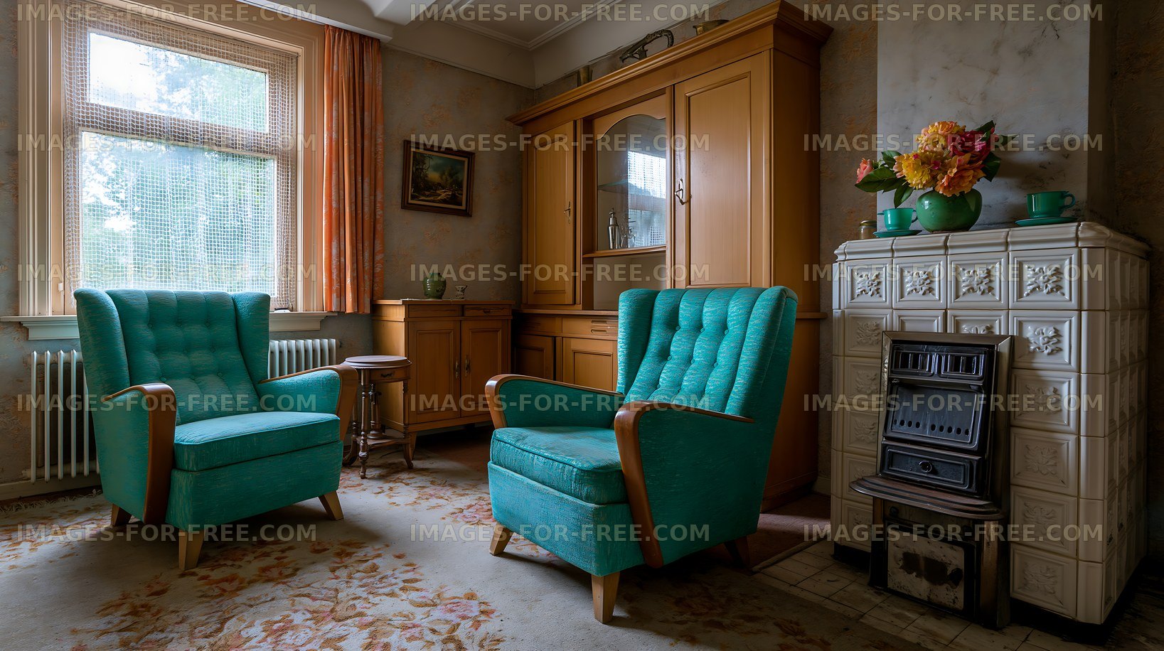 Seating area with vintage chairs and wooden furniture in a room