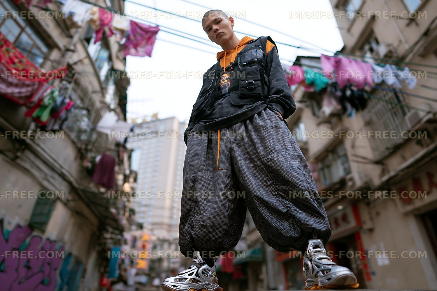 Urban fashion model stands in street with laundry in background