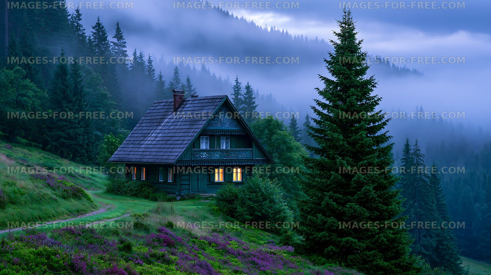 Foggy evening with a house surrounded by trees and flowers