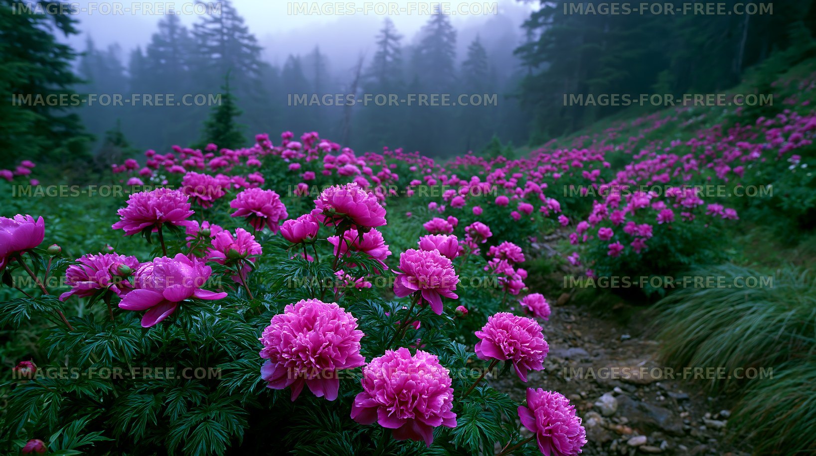 Vibrant pink flowers bloom in the misty forest