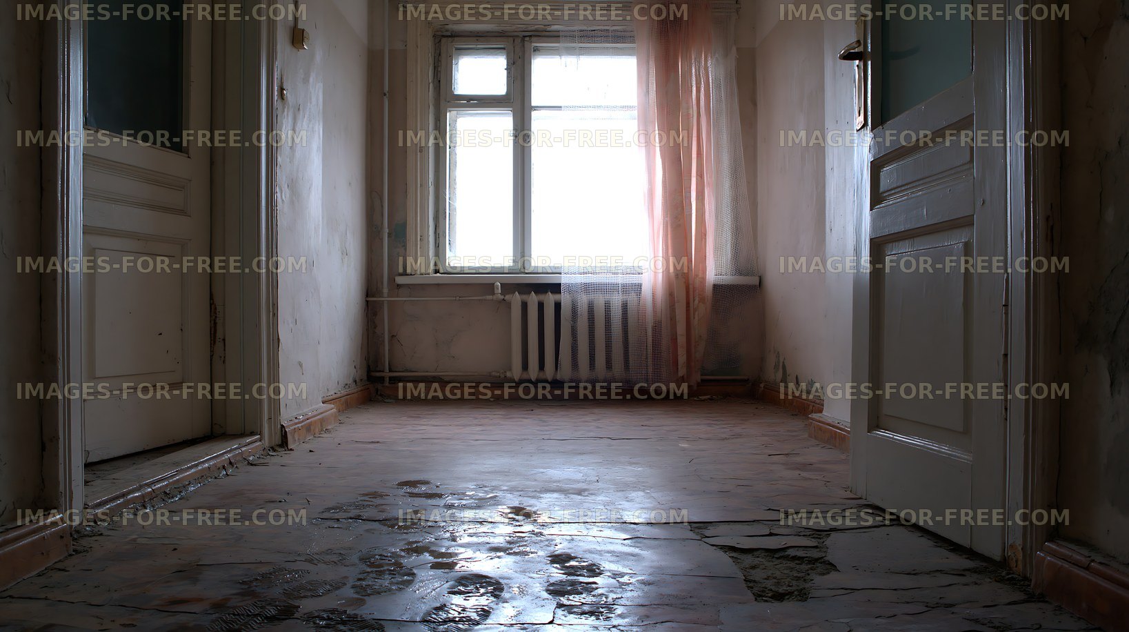 Abandoned hallway with peeling walls and broken floor