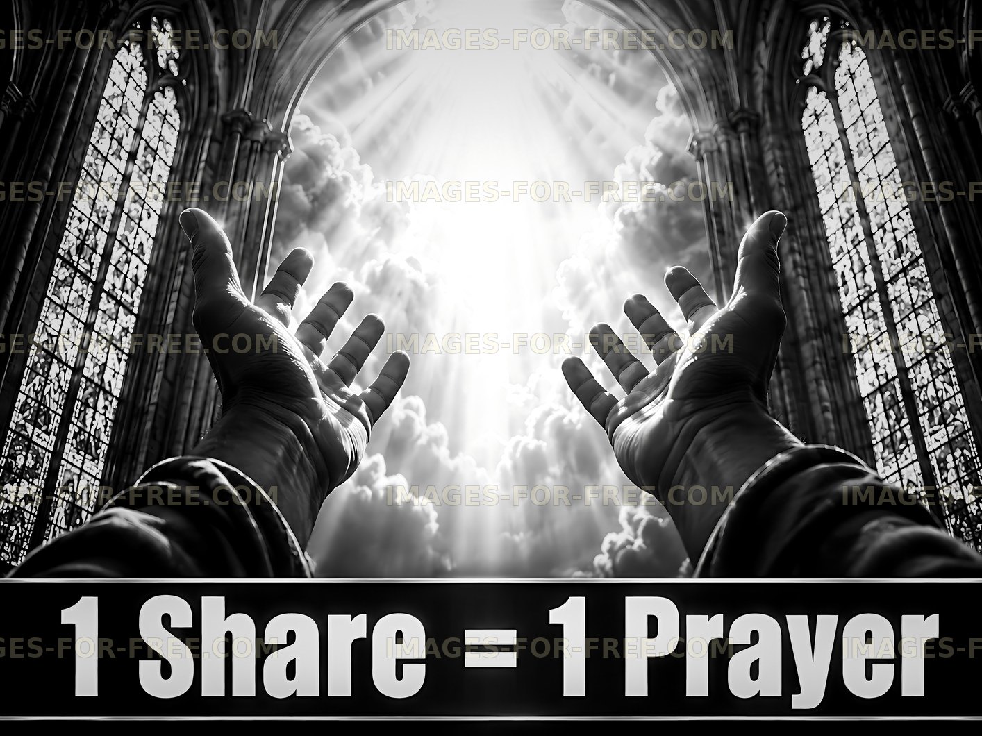 Hands raised toward light in a cathedral
