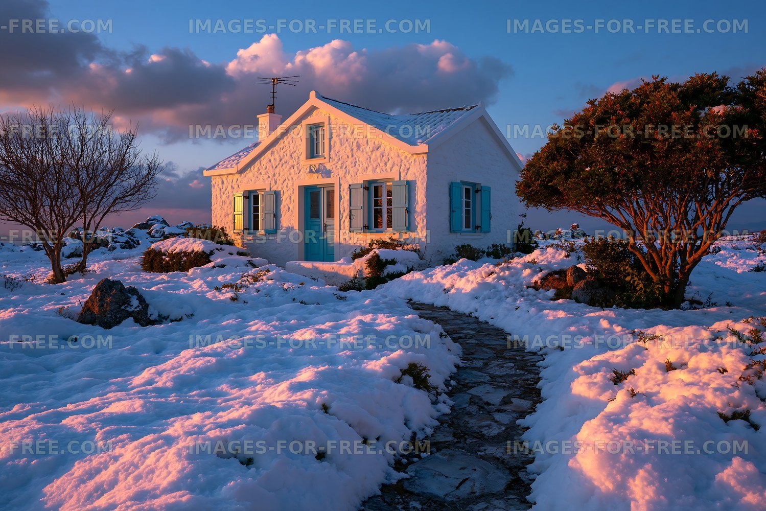 Snow-covered house with blue shutters at sunset in winter