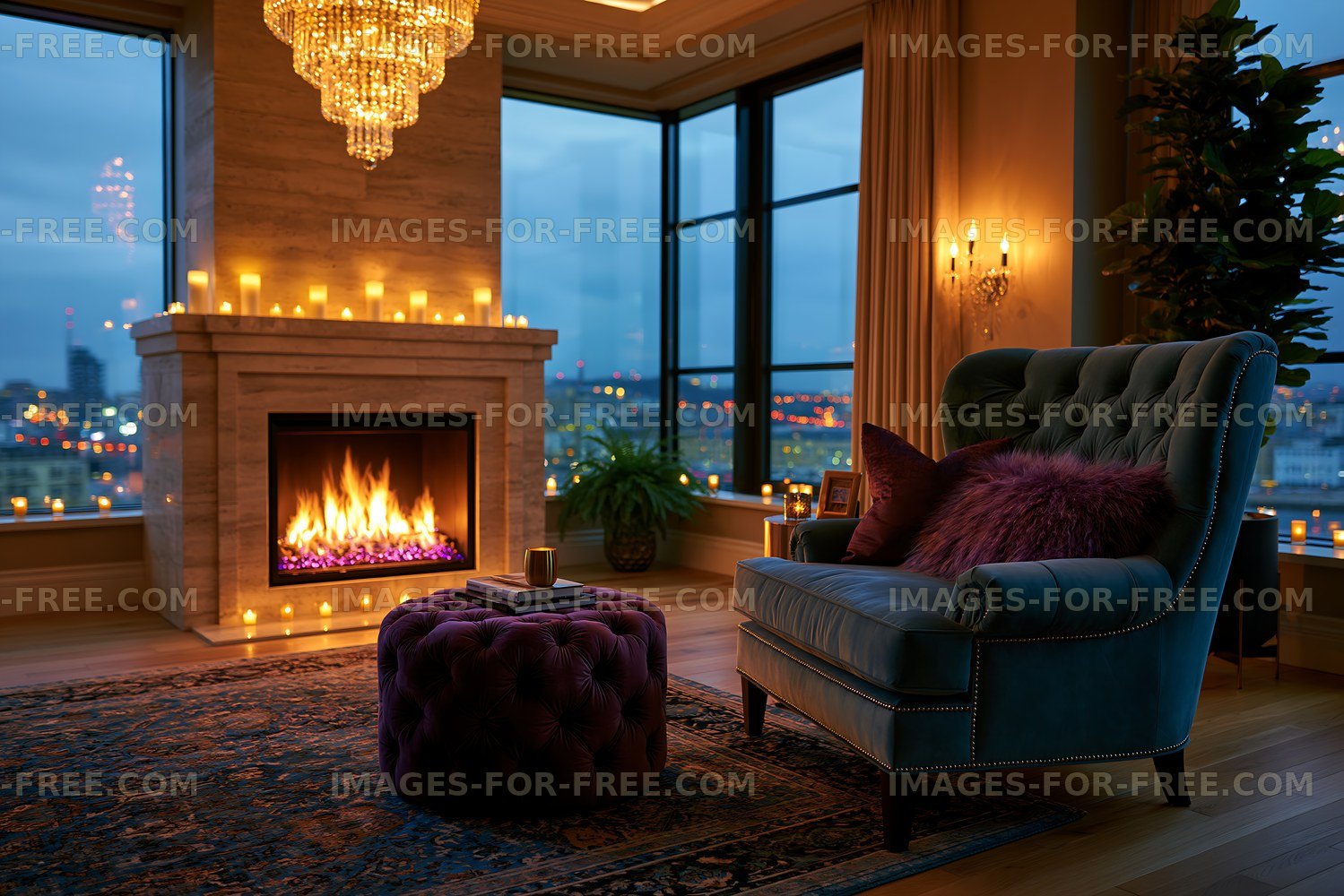 Cozy living room with a fireplace and warm lighting