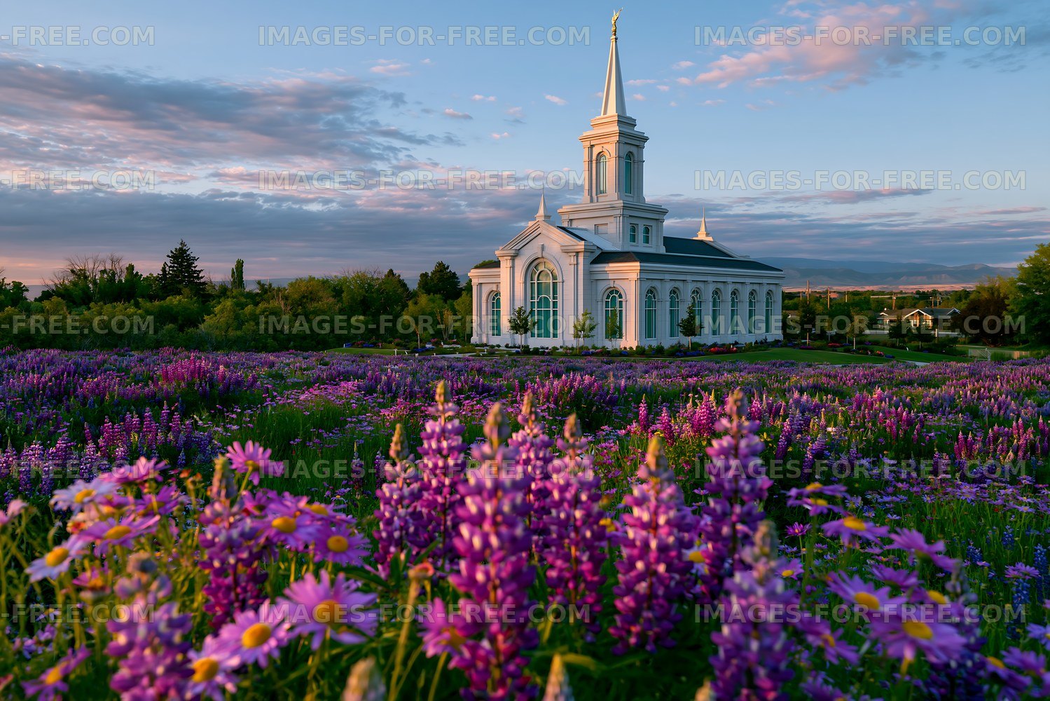 Church surrounded by purple flowers in a field at sunset