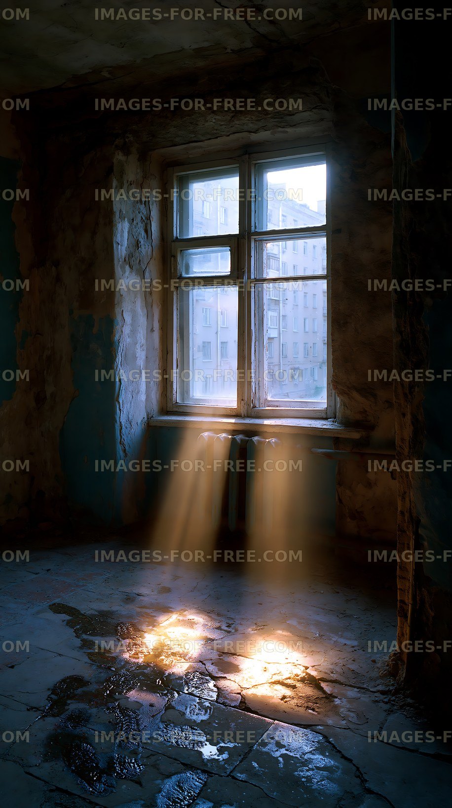 Light beams shine through window in abandoned building