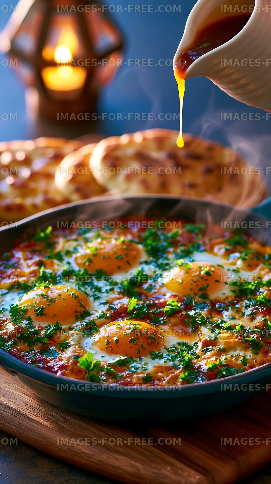 Eggs cooking in a pan with bread and sauce on a table