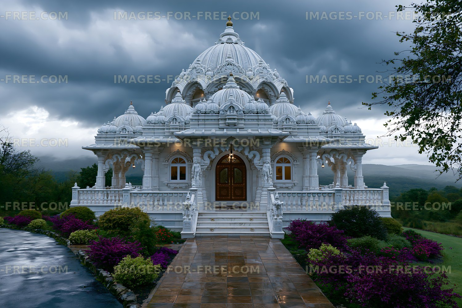 White temple structure under dark clouds