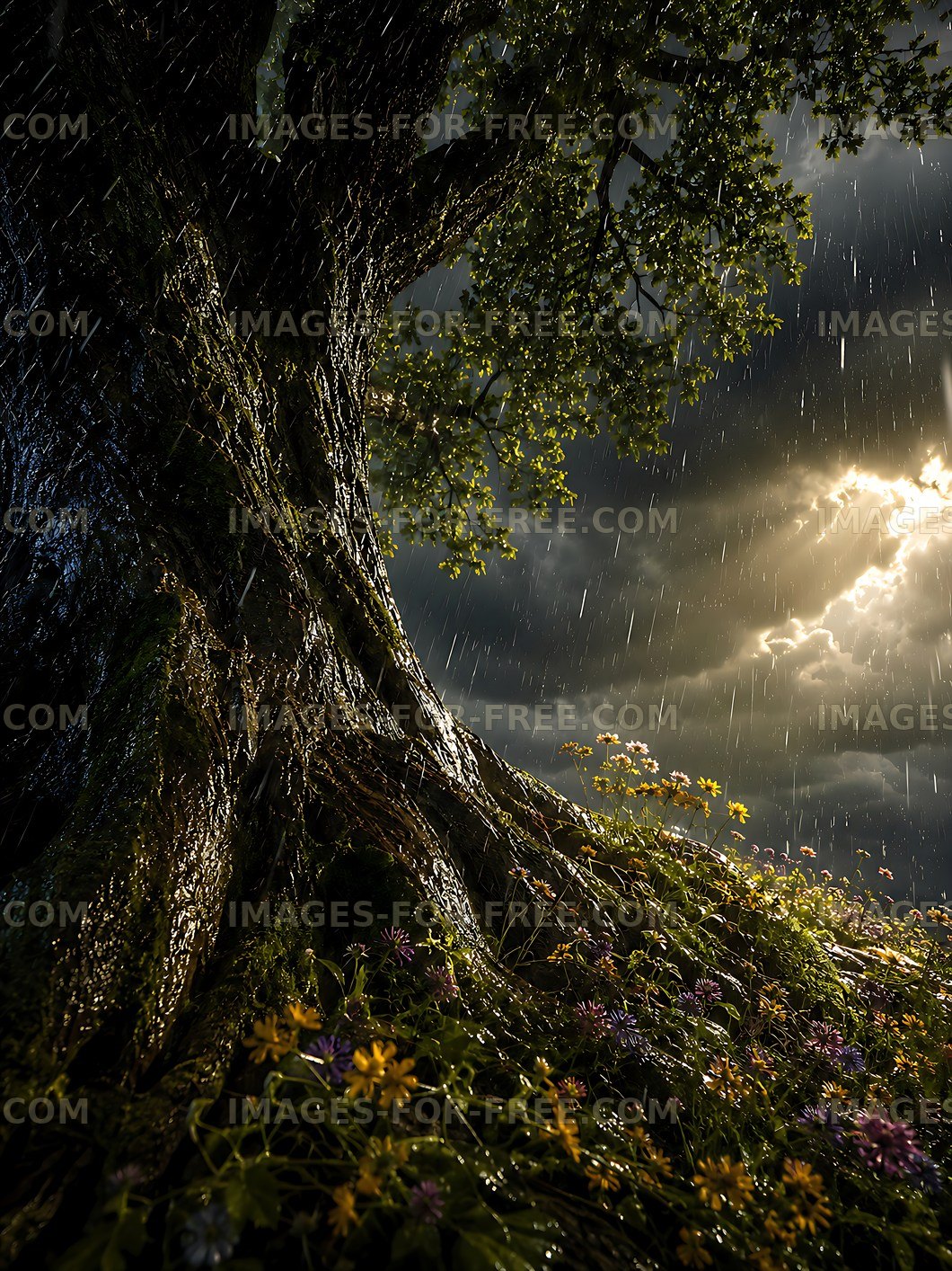Rain falling on a large tree with flowers in the foreground