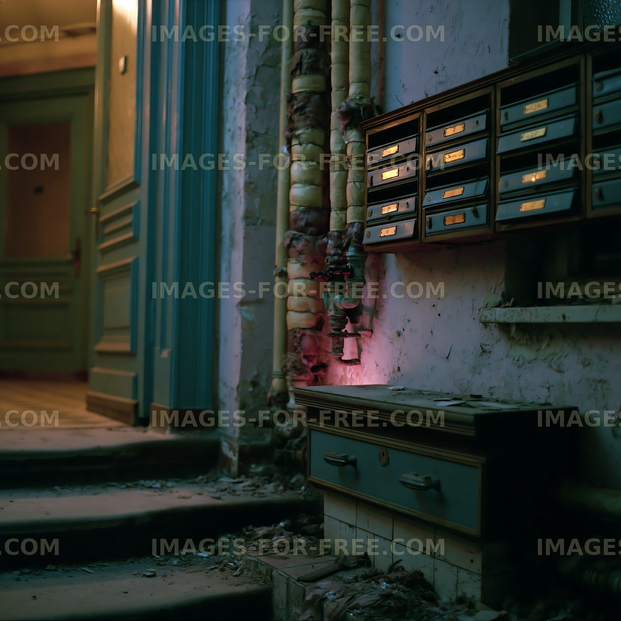Old building entrance with mailboxes and peeling paint