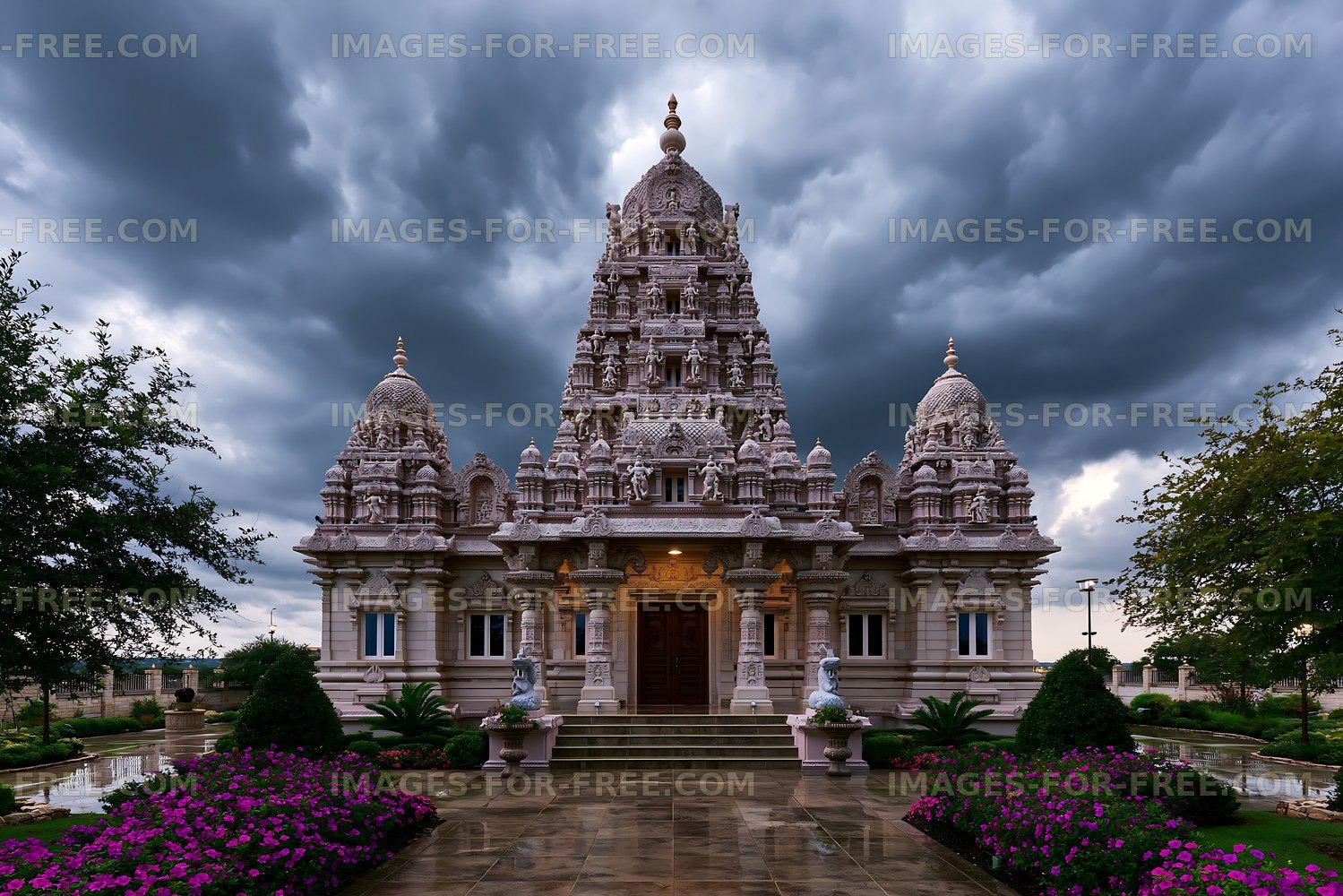 Temple in a city under a stormy sky with flowers in the foreground