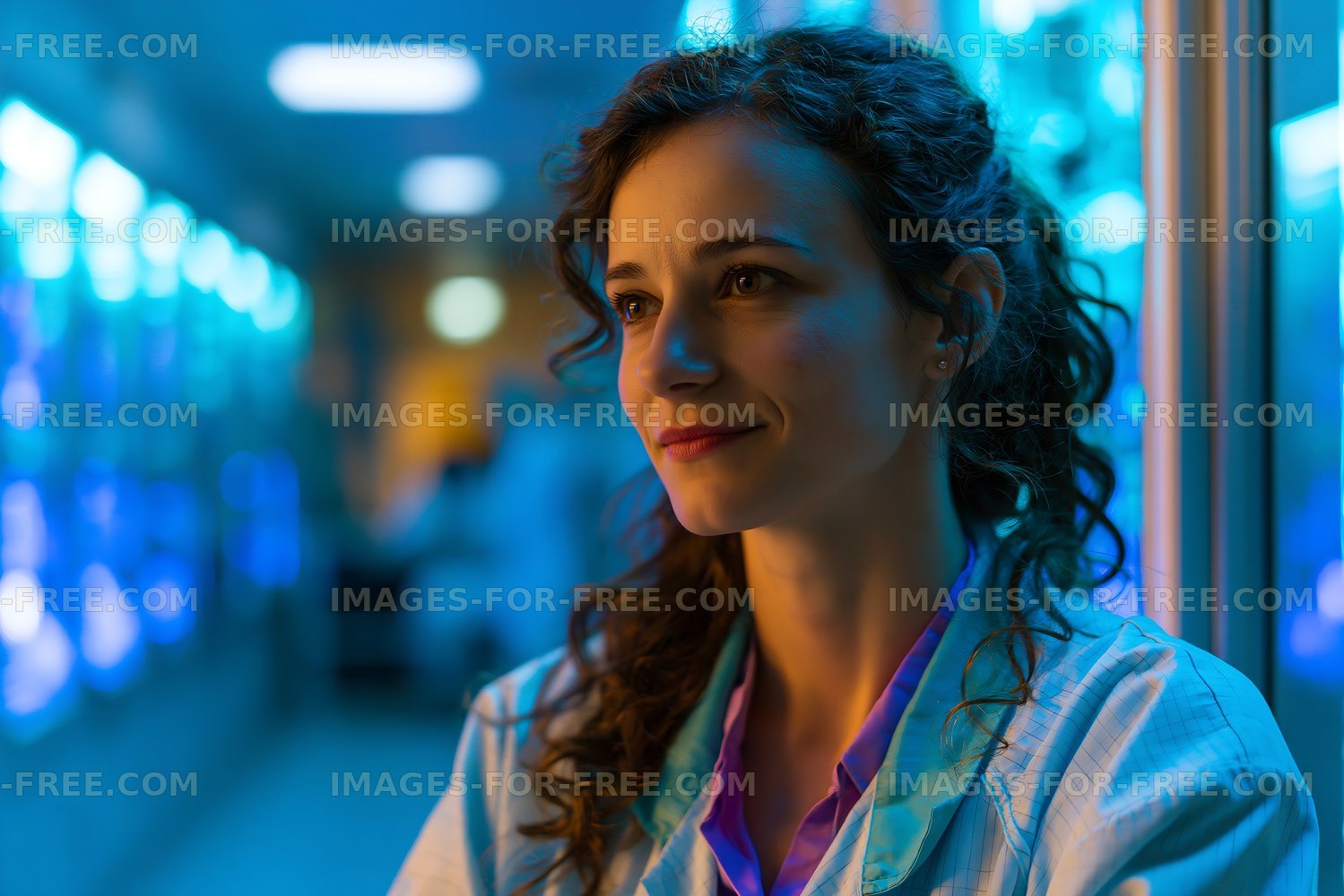 Woman in medical attire in illuminated hospital area