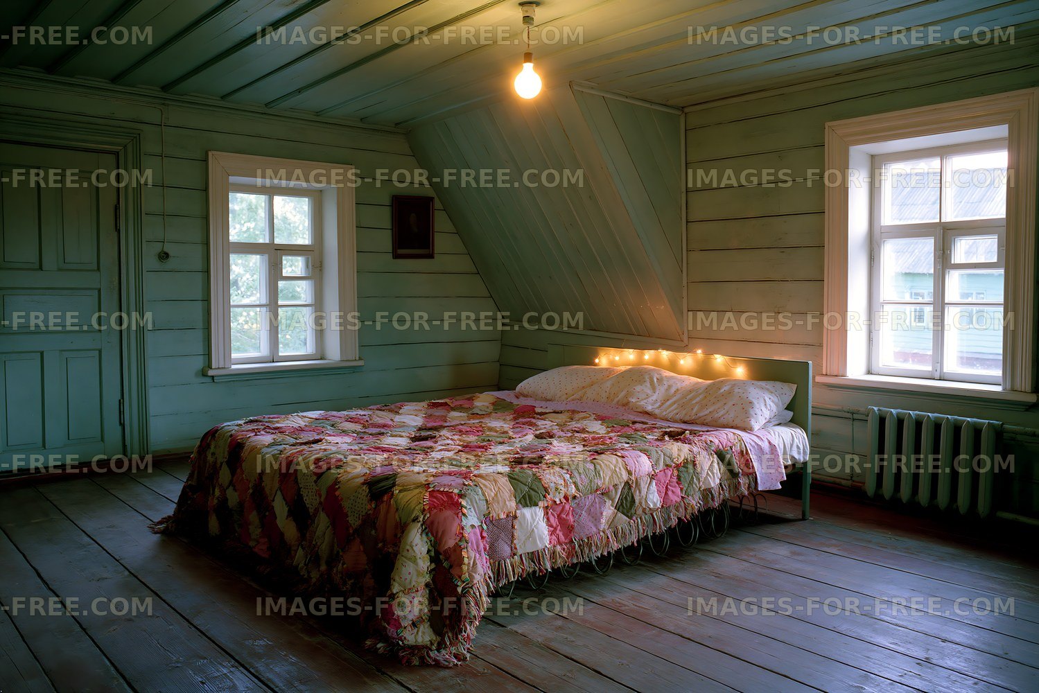 Cozy bedroom with wooden walls and colorful quilt