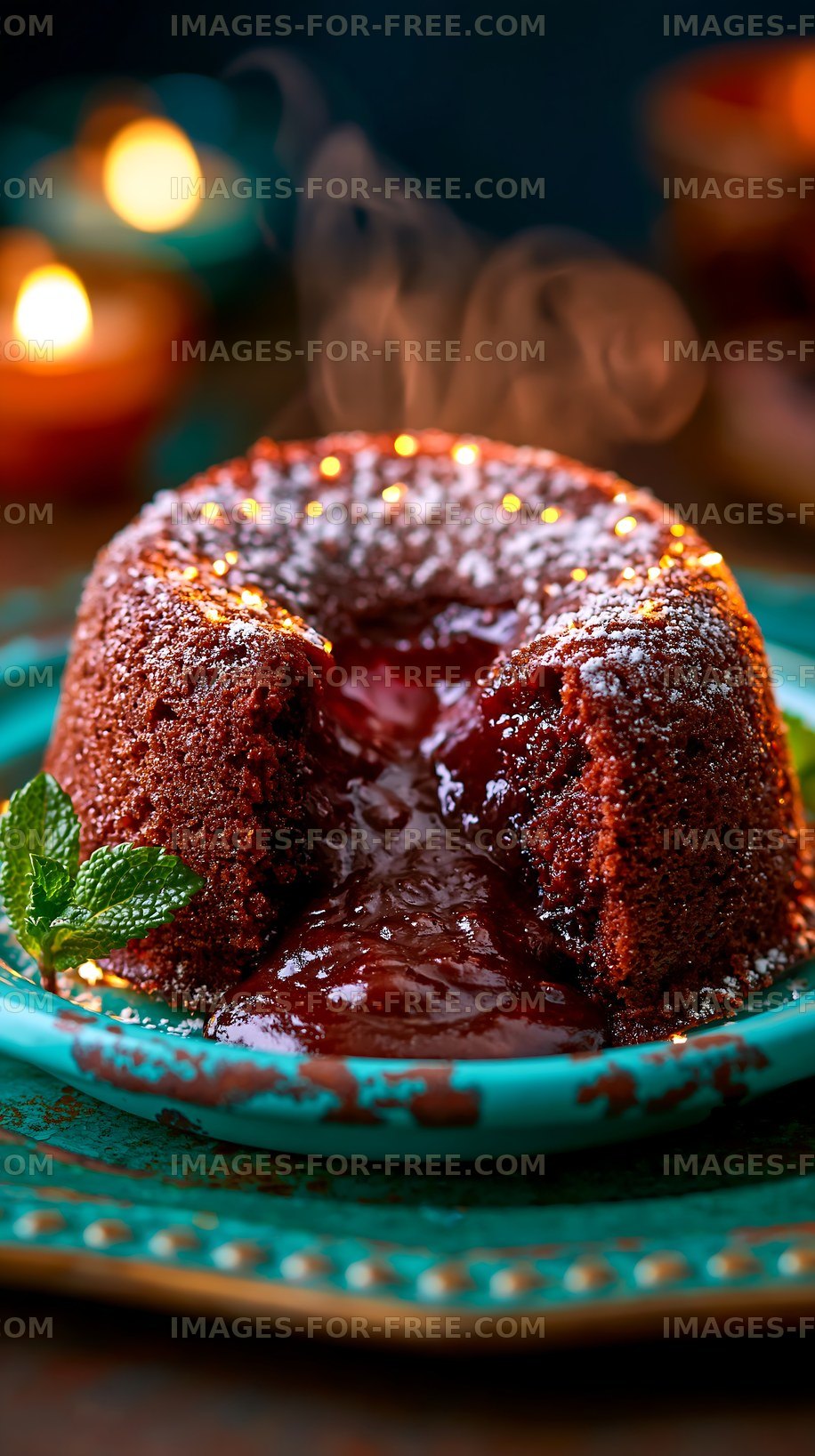 Chocolate molten lava cake with sauce and mint leaves