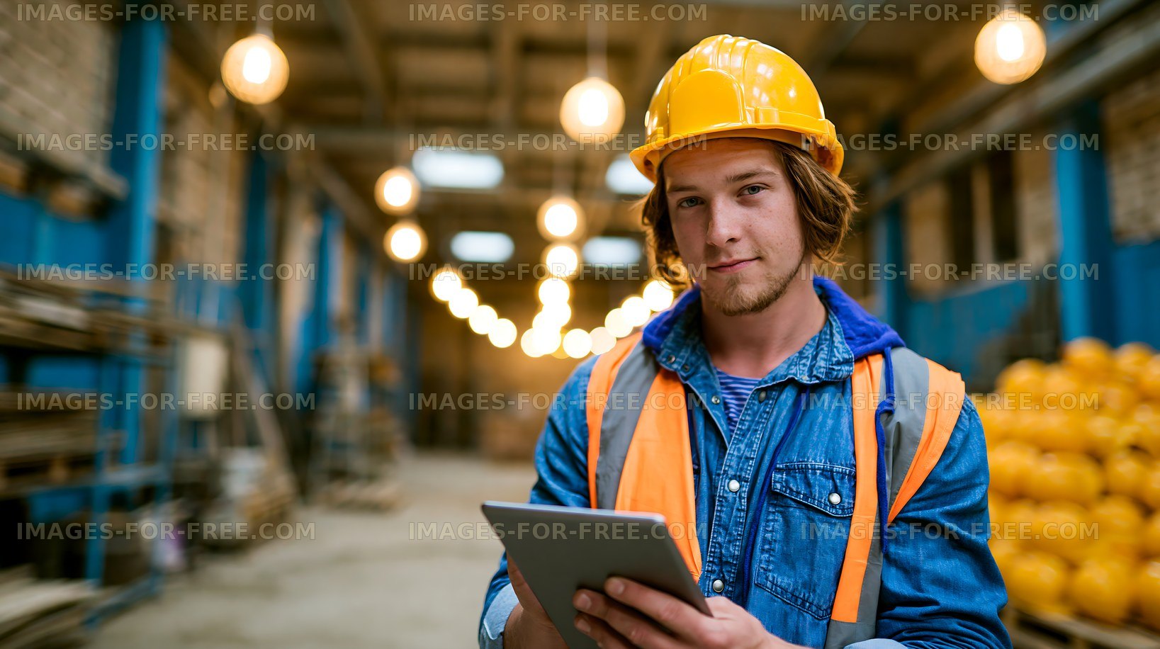 Construction worker using a tablet in a warehouse setting