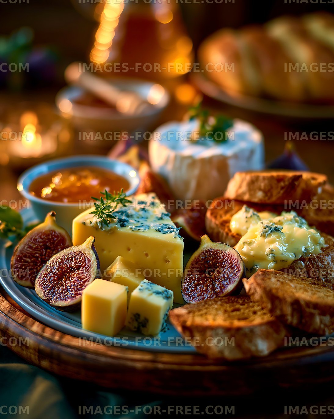 Cheese and bread platter with figs and jam on wooden table