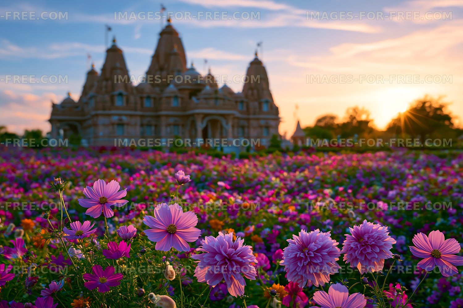 Sunset views of a temple surrounded by a flower garden