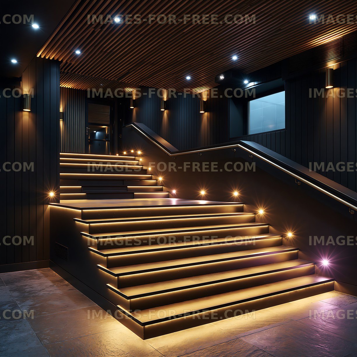 Staircase with modern lighting in dark interior