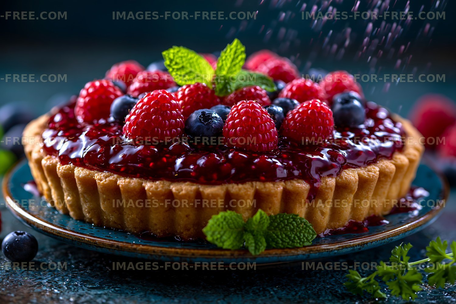 Berry tart with fresh fruit on a blue plate