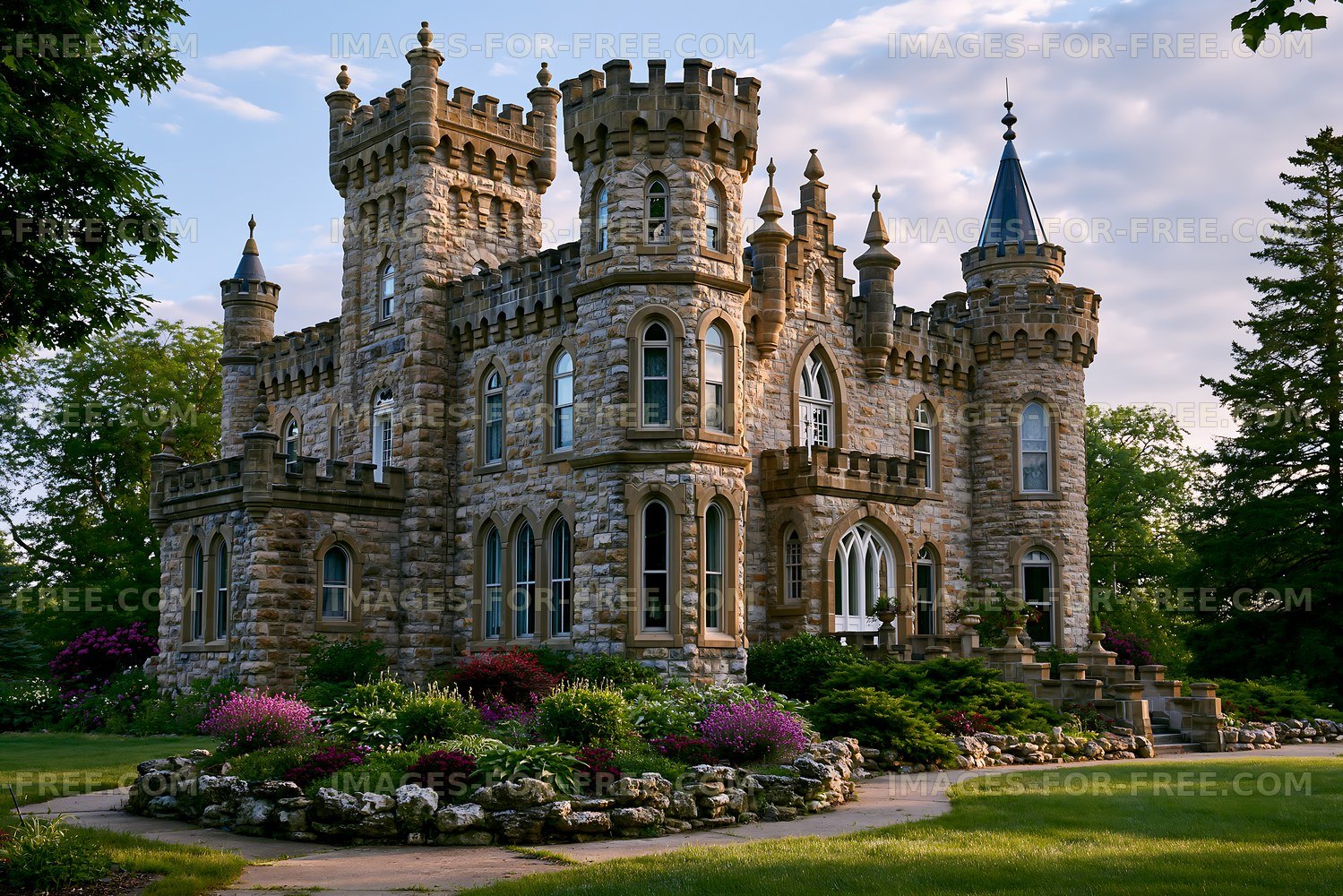 Historic stone castle surrounded by gardens during daylight