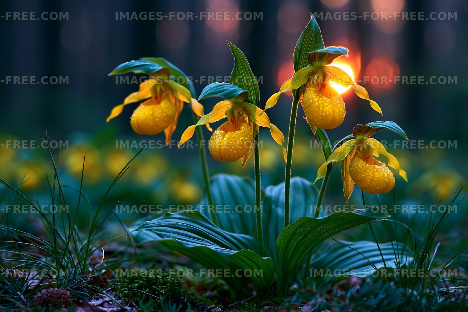 Orchids blooming in a forest during sunset