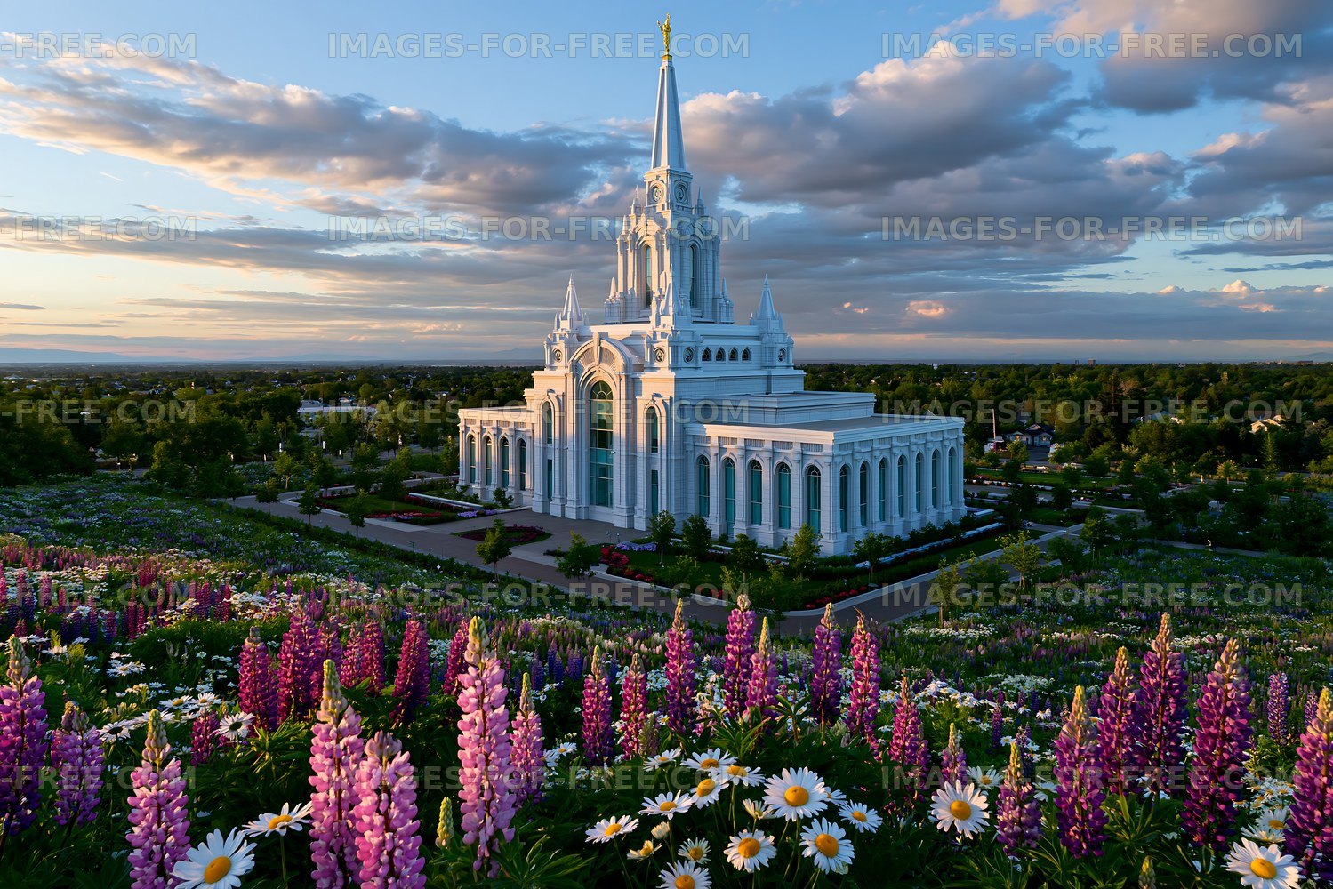 Colorful flowers in front of a large temple under a cloudy sky