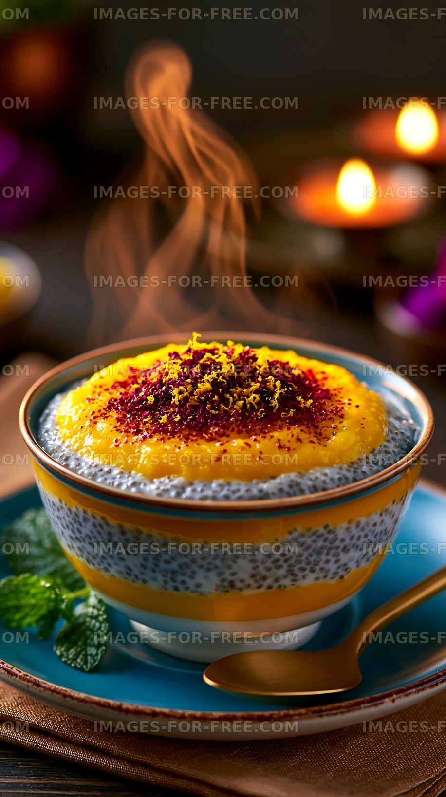 Chia pudding with mango topping served in a bowl
