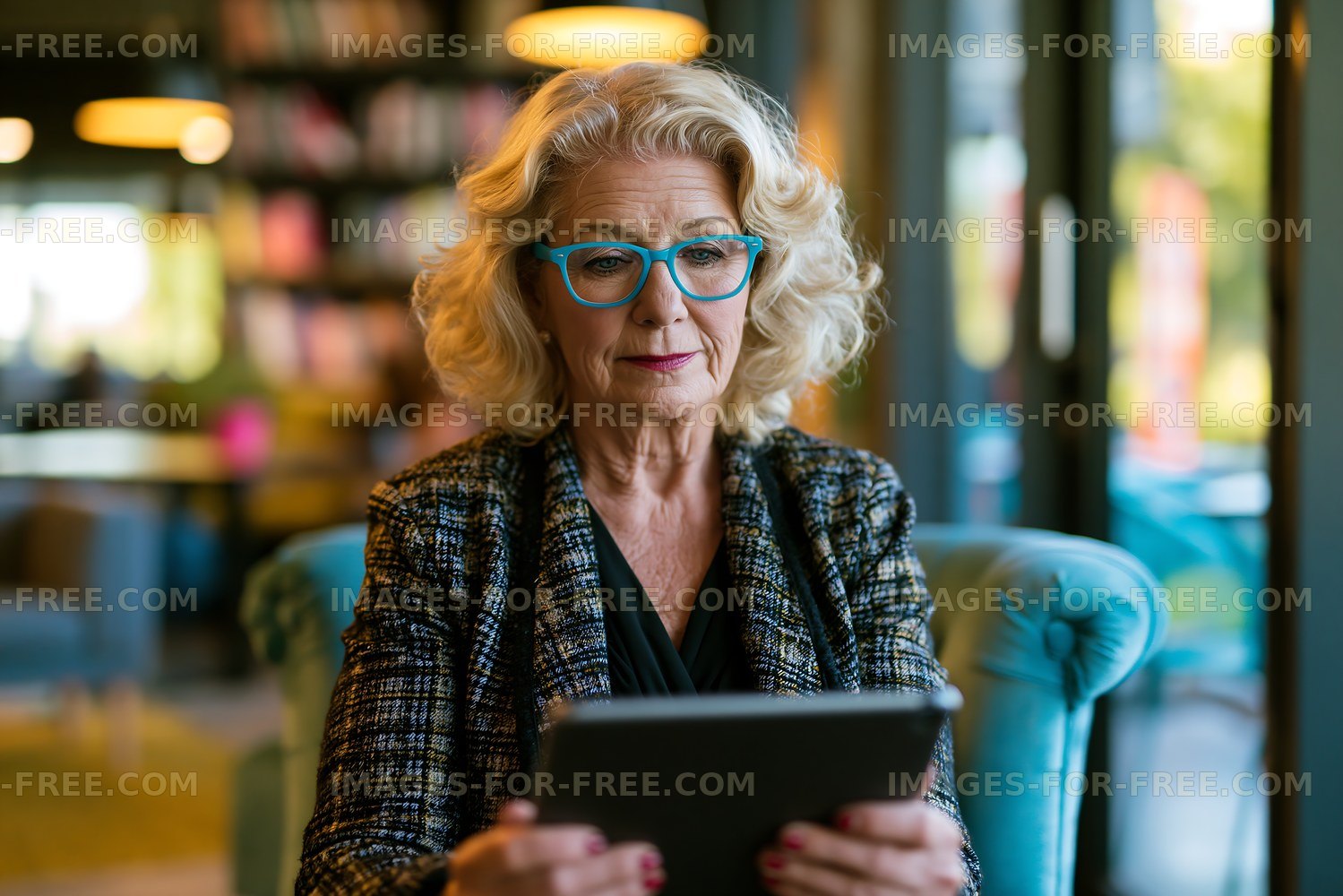 Woman sitting in a cafe using a tablet with a relaxed expression