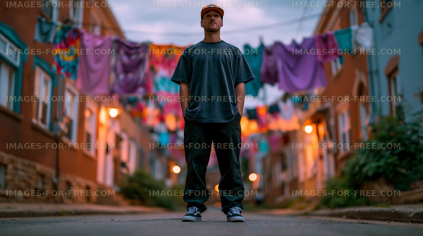 Man standing in a street with clothes hanging in the background