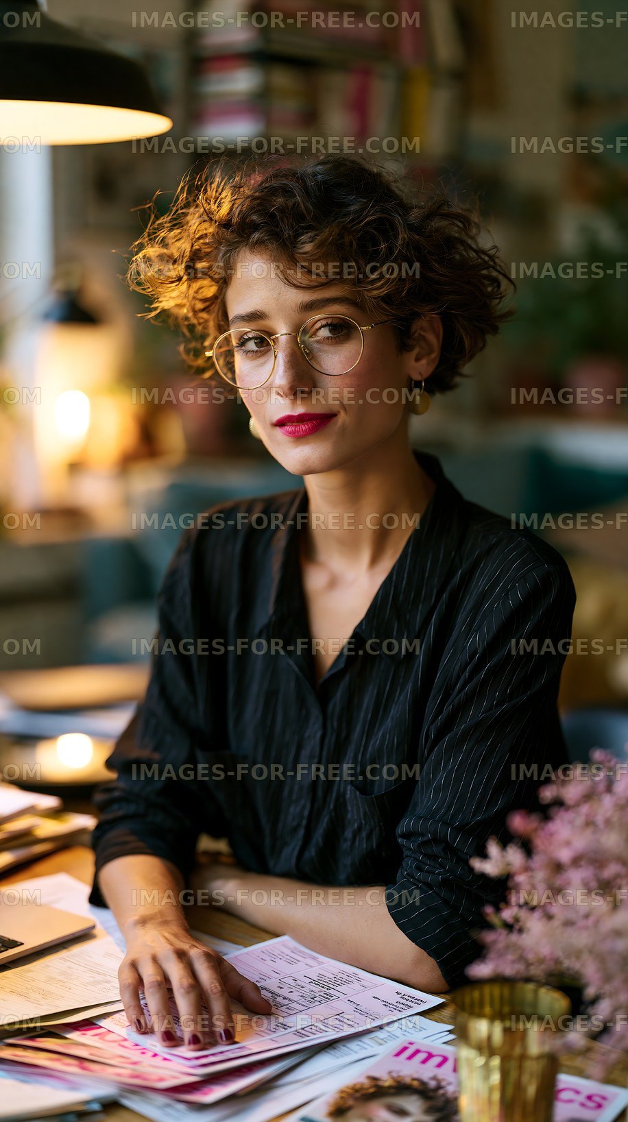 Woman with curly hair sitting at a desk in a cozy workspace