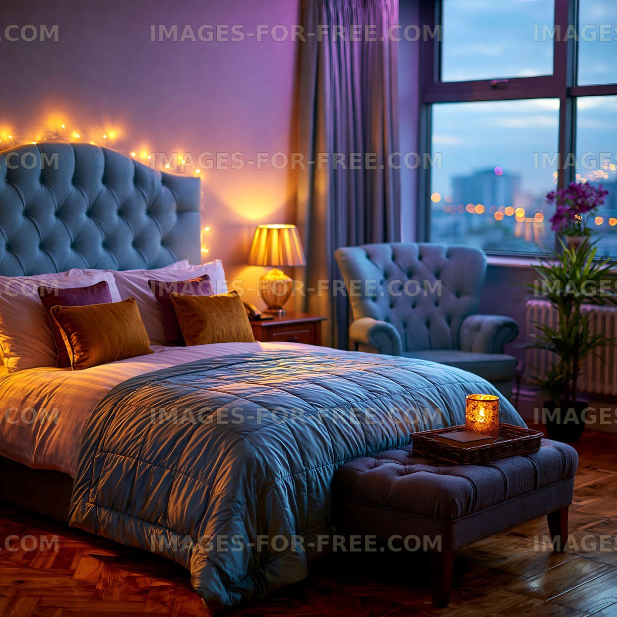 Cozy bedroom with blue bedding and warm lighting in the evening