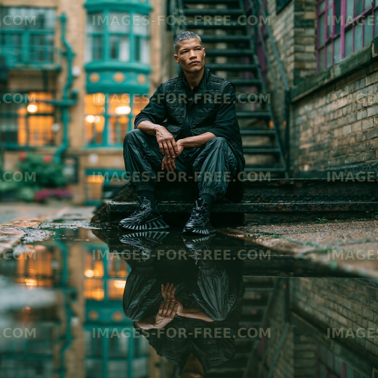 Man sitting by a puddle on a city street with green buildings