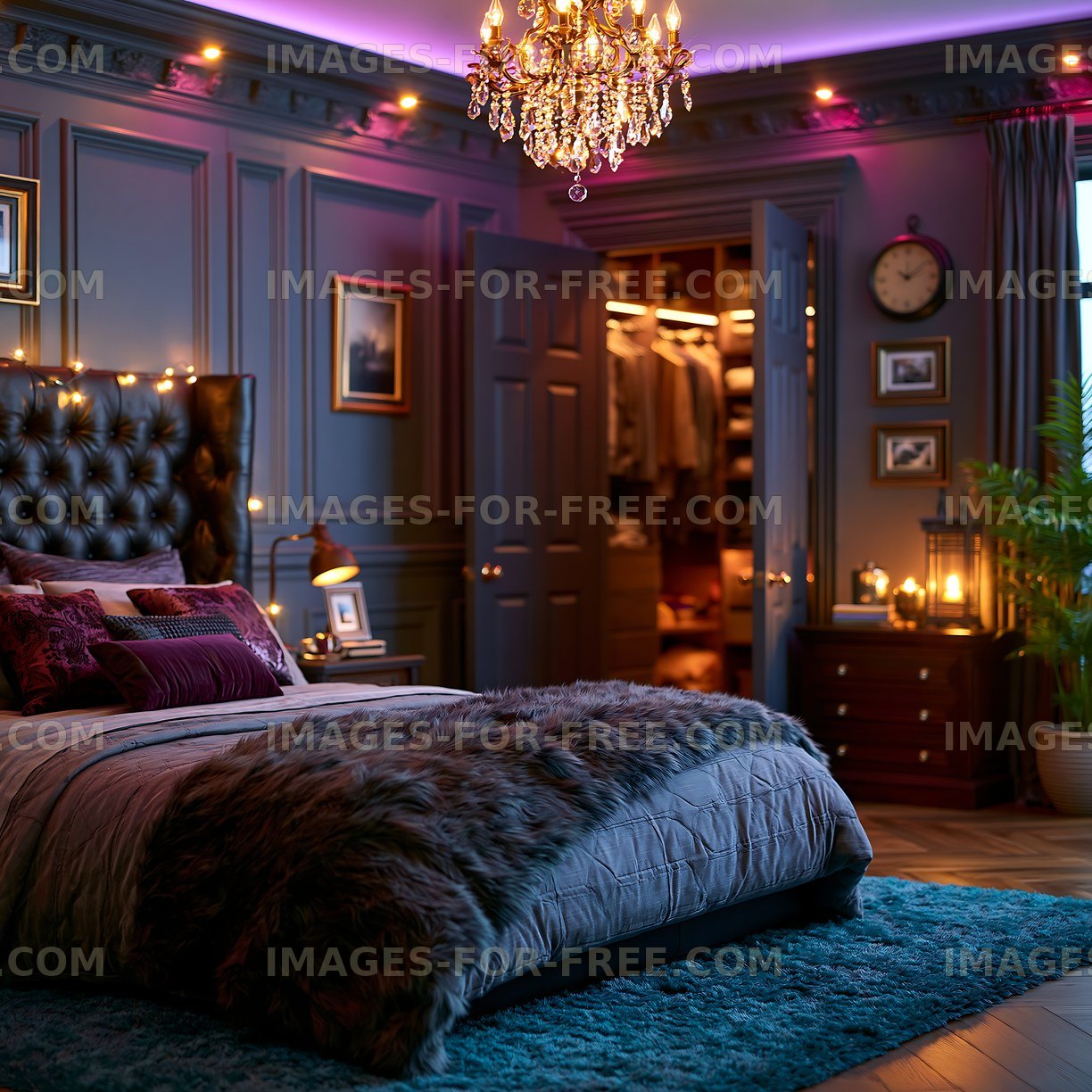 Cozy bedroom with colorful lighting and elegant decor