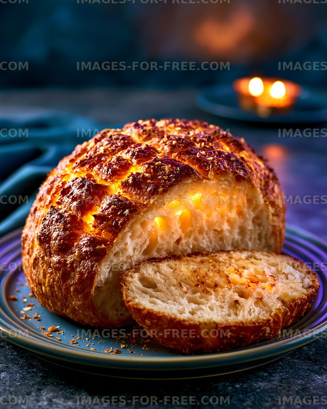 Freshly baked bread loaf on a plate with a slice cut