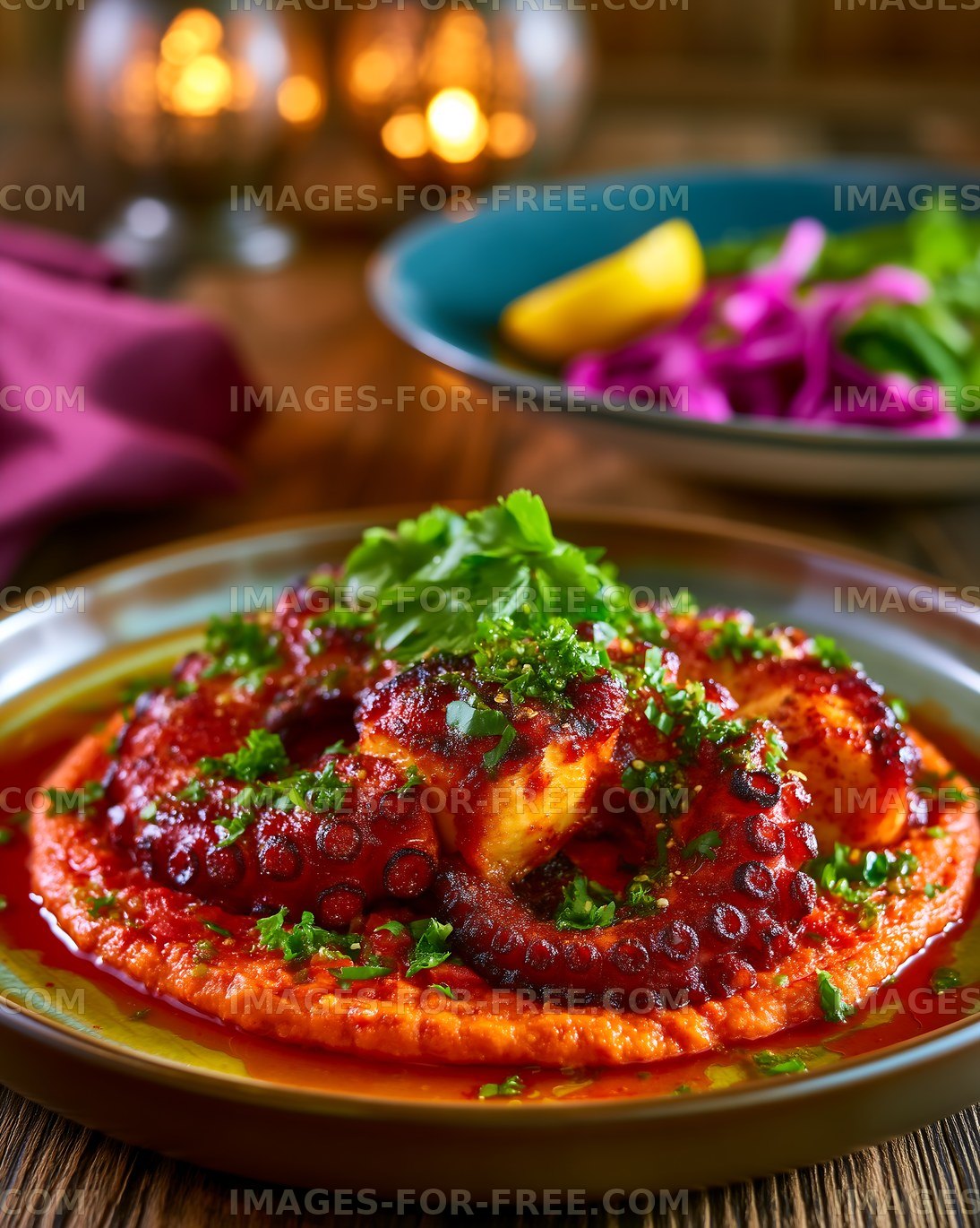 Octopus dish served with sauce and vegetables on a plate