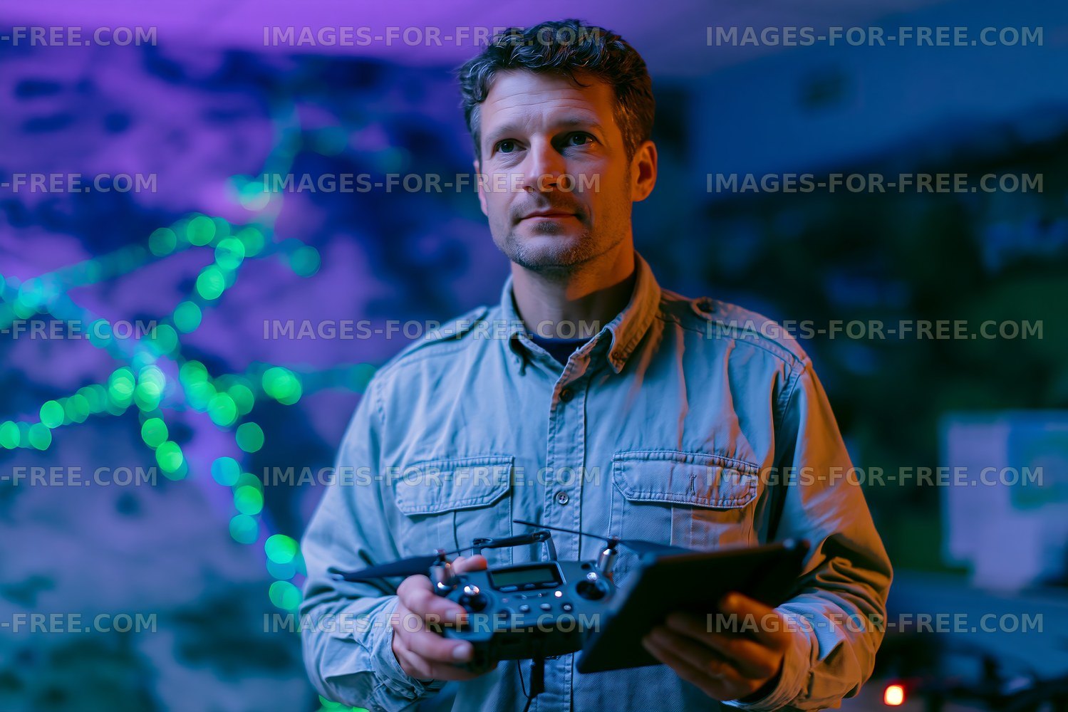 Man holding drone controller in a dimly lit space