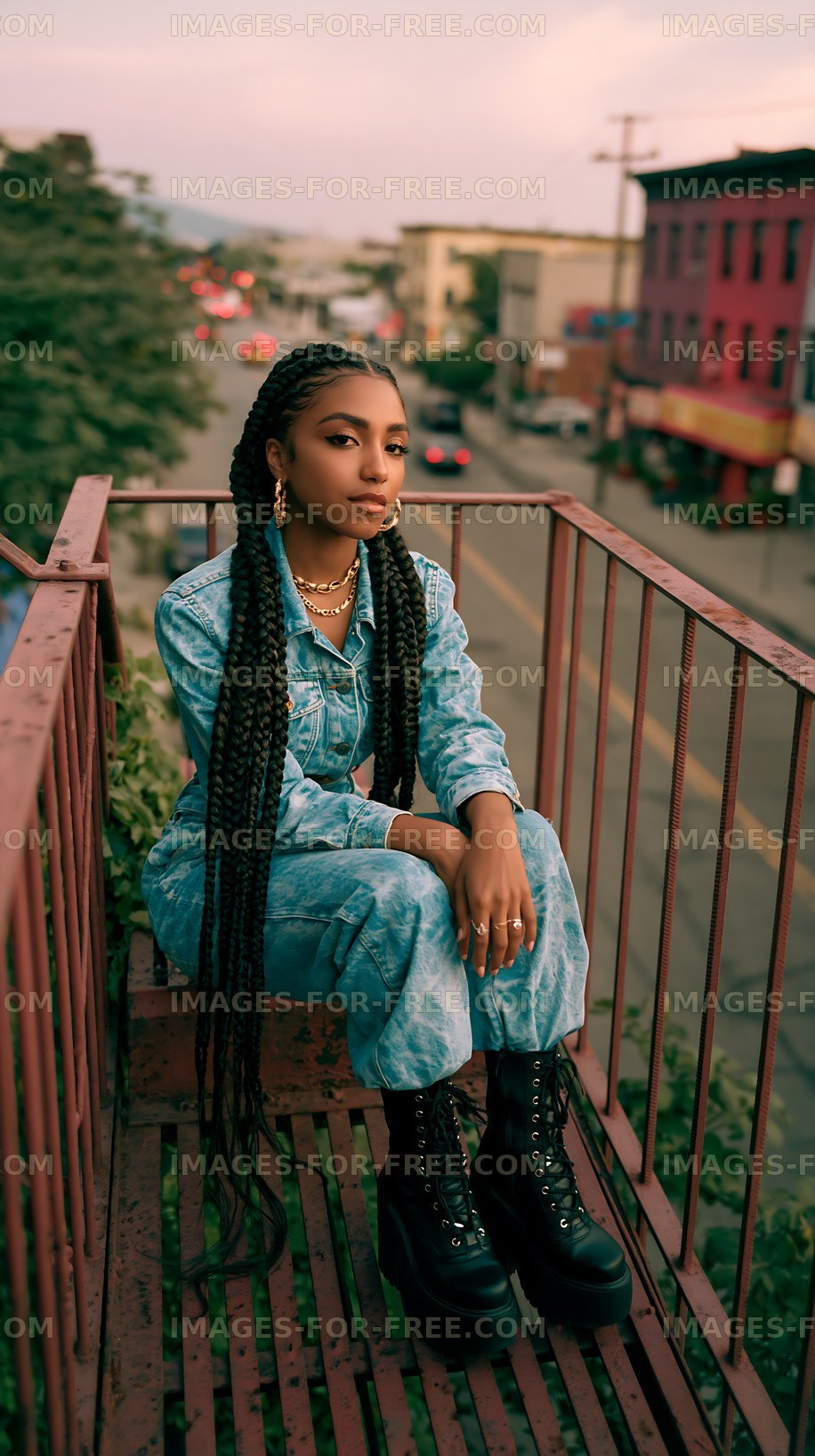 Young woman sitting on a balcony during sunset in urban setting