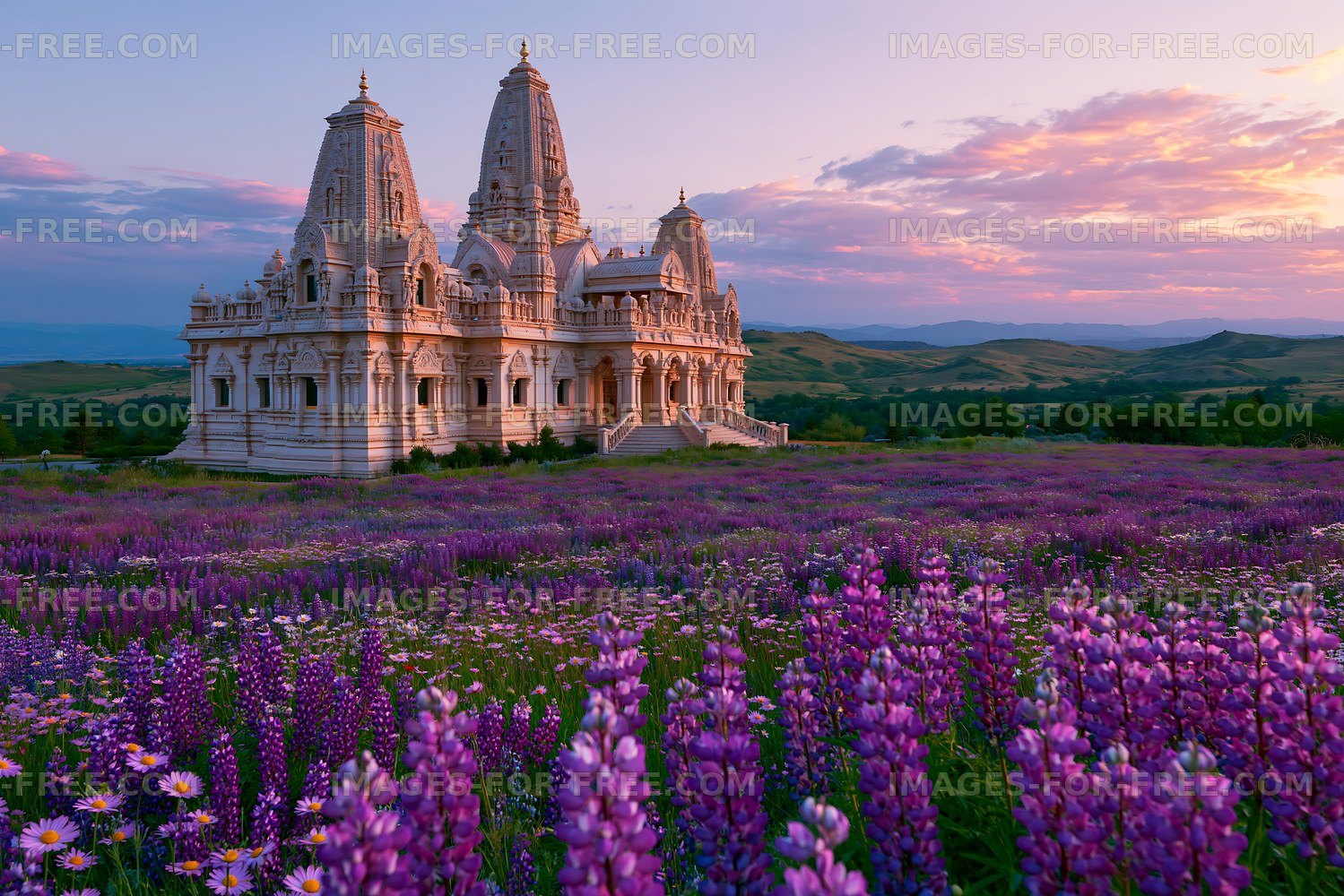 Beautiful temple surrounded by purple flowers at sunset