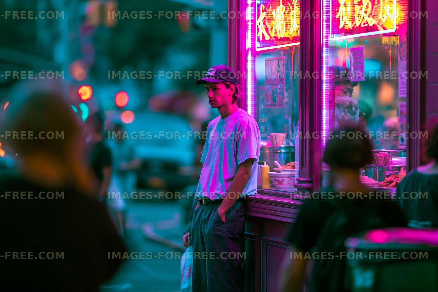 Night scene at a colorful food stand in the city