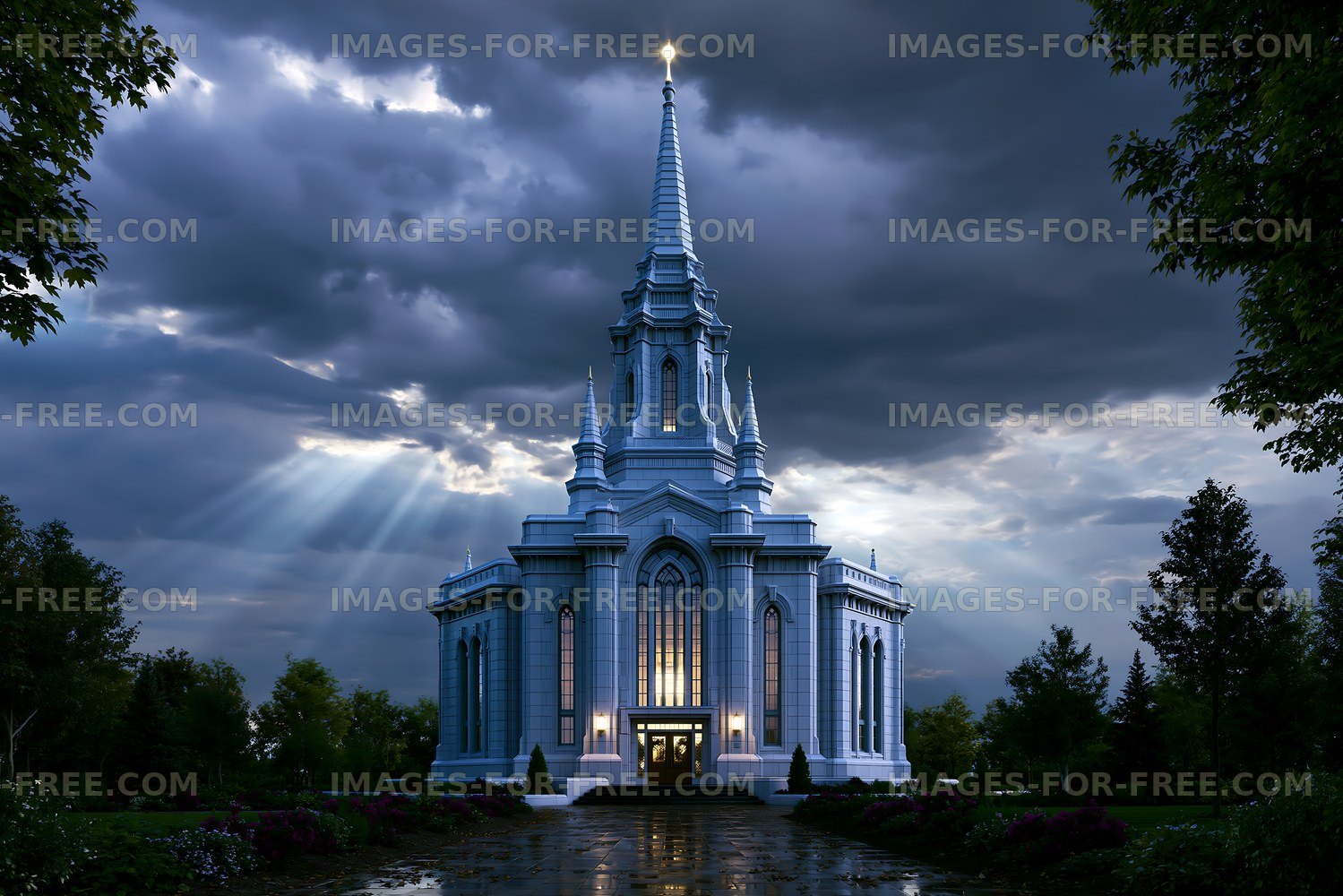 Church building under dark clouds with light rays at dusk