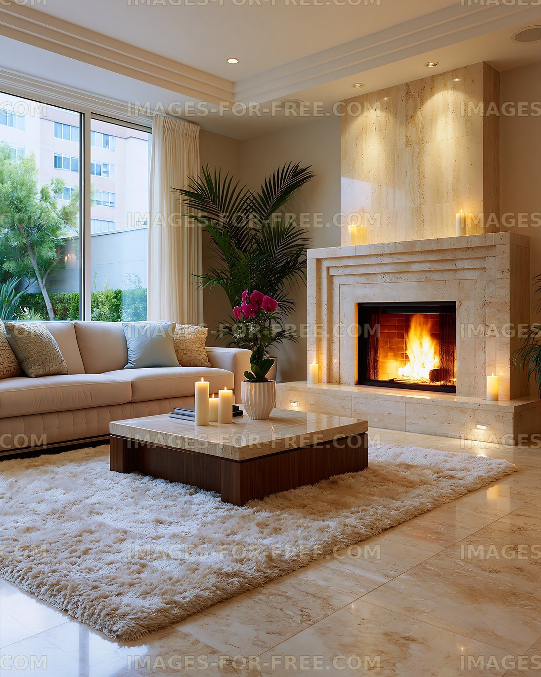 Cozy living room with fireplace and plants in a modern setting
