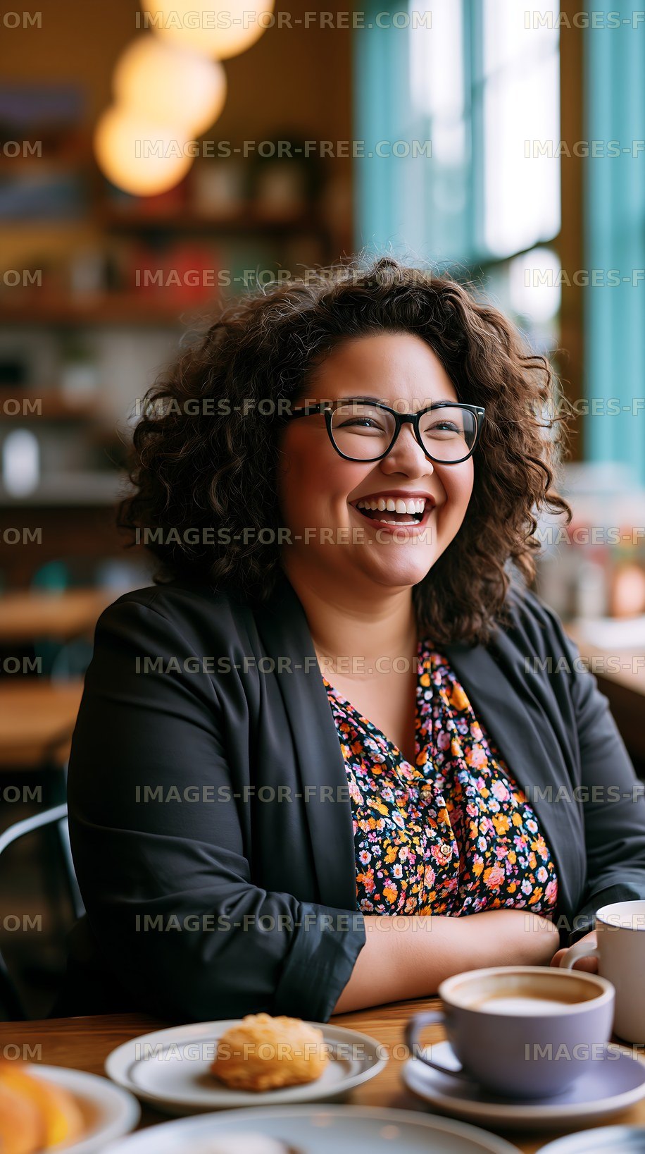 Woman smiling in a cafe with curly hair and glasses, enjoying a drink
