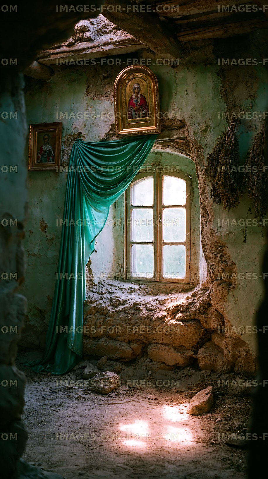 Old room with window and drapery in abandoned building