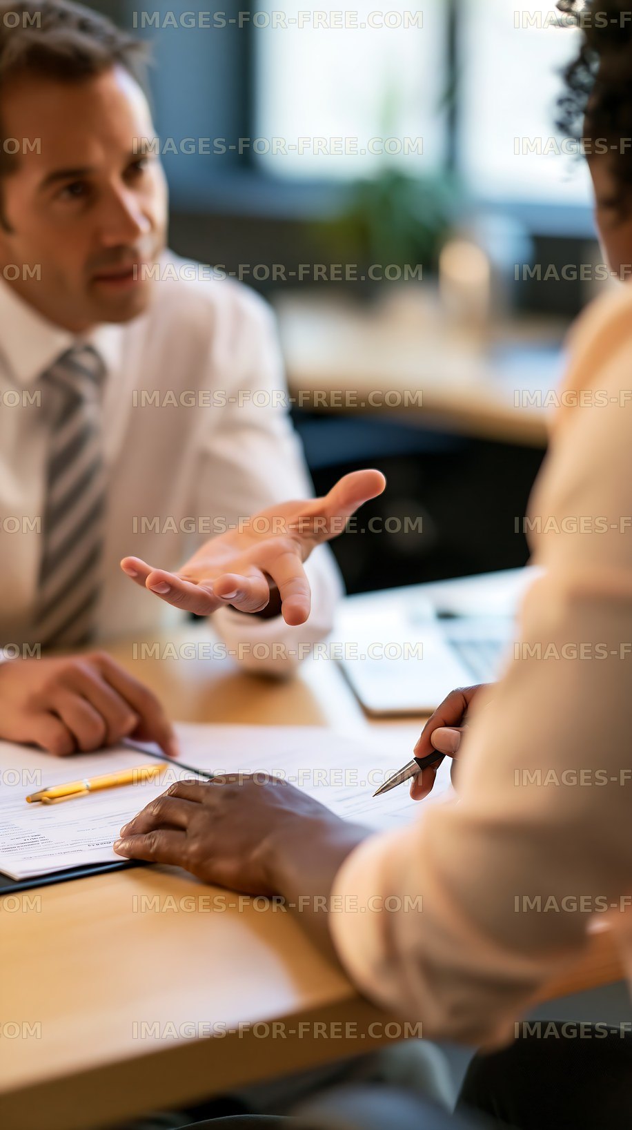Business meeting between two professionals in an office setting