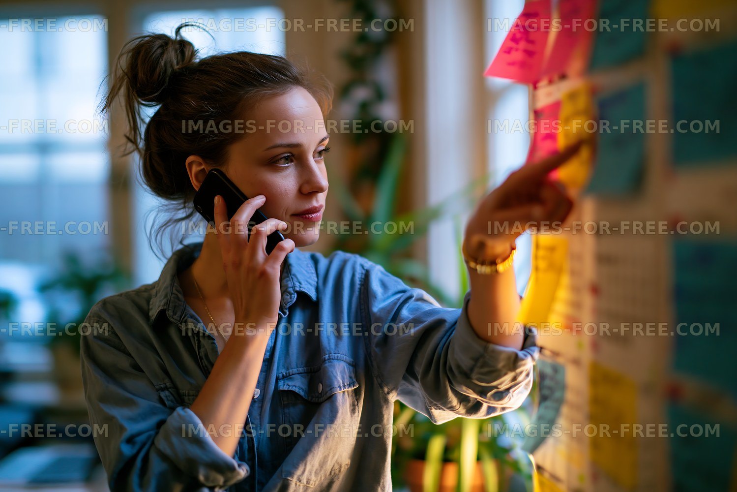 Woman speaking on phone while pointing at color notes on wall