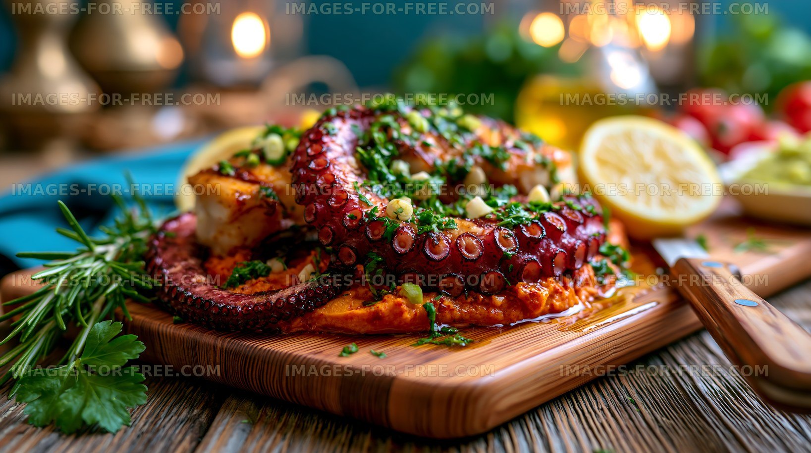 Grilled octopus served on a wooden platter with herbs and lemon