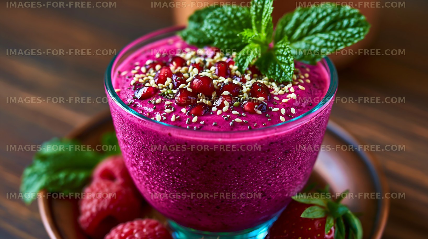 Colorful smoothie in a glass with toppings on a wooden table
