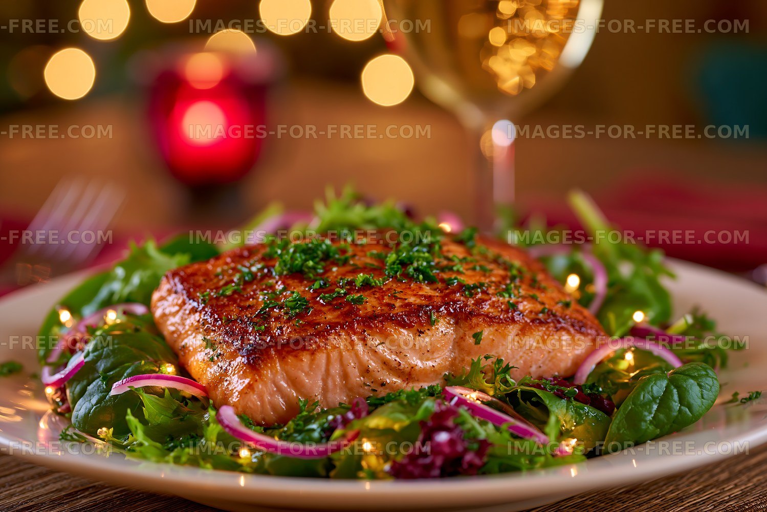 Grilled salmon on a bed of fresh greens in a cozy dining setting