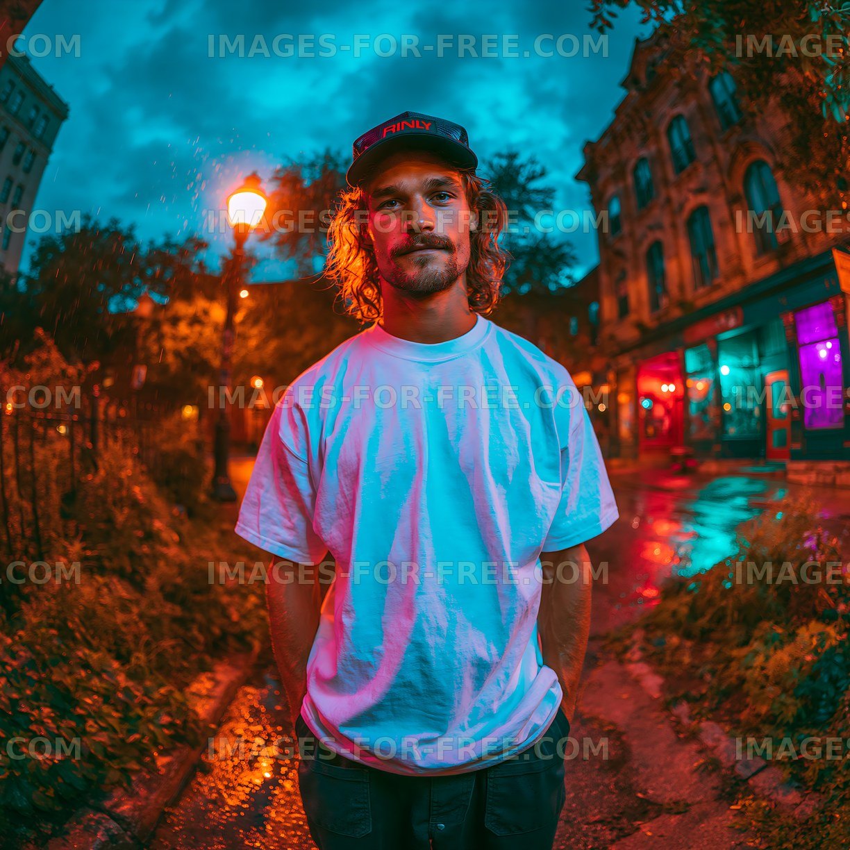 Man stands in colorful urban street at night